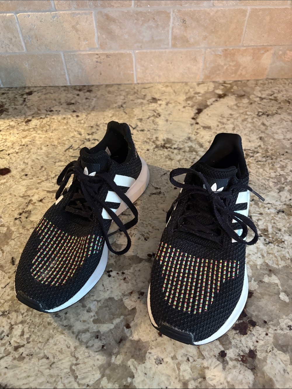 adidas Kids Black Knit Sneakers with White Stripes
